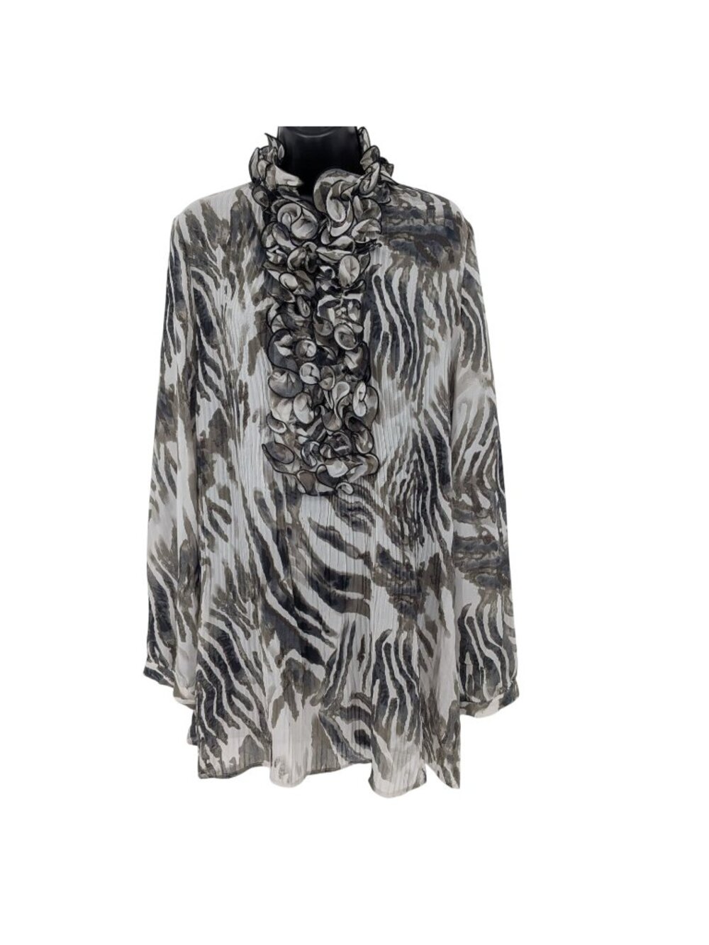 Sheer Ruffle Zebra Print Top Chiffon Long Sleeve Office Statement Y2K XX Large